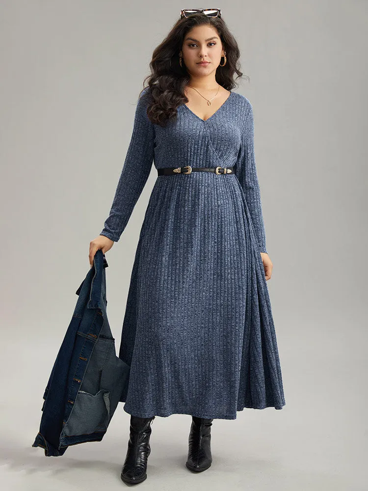 Solid Rib Knit Overlap Collar Pocket Dress sold by Bloomchic