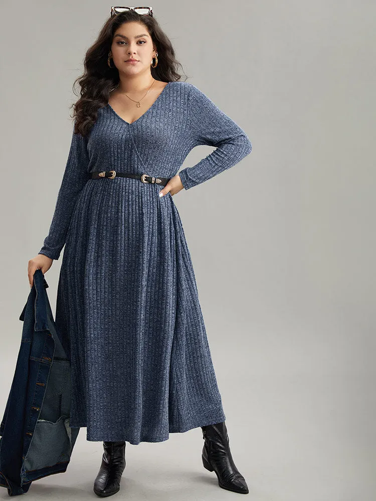 Solid Rib Knit Overlap Collar Pocket Dress sold by Bloomchic product image thumbnail 2