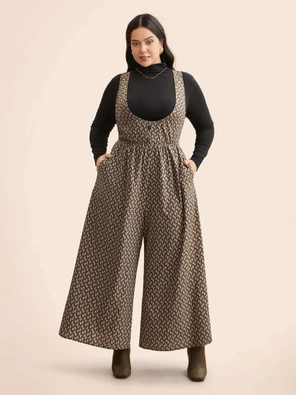 Geometric Button Detail Gathered Jumpsuit sold by Bloomchic