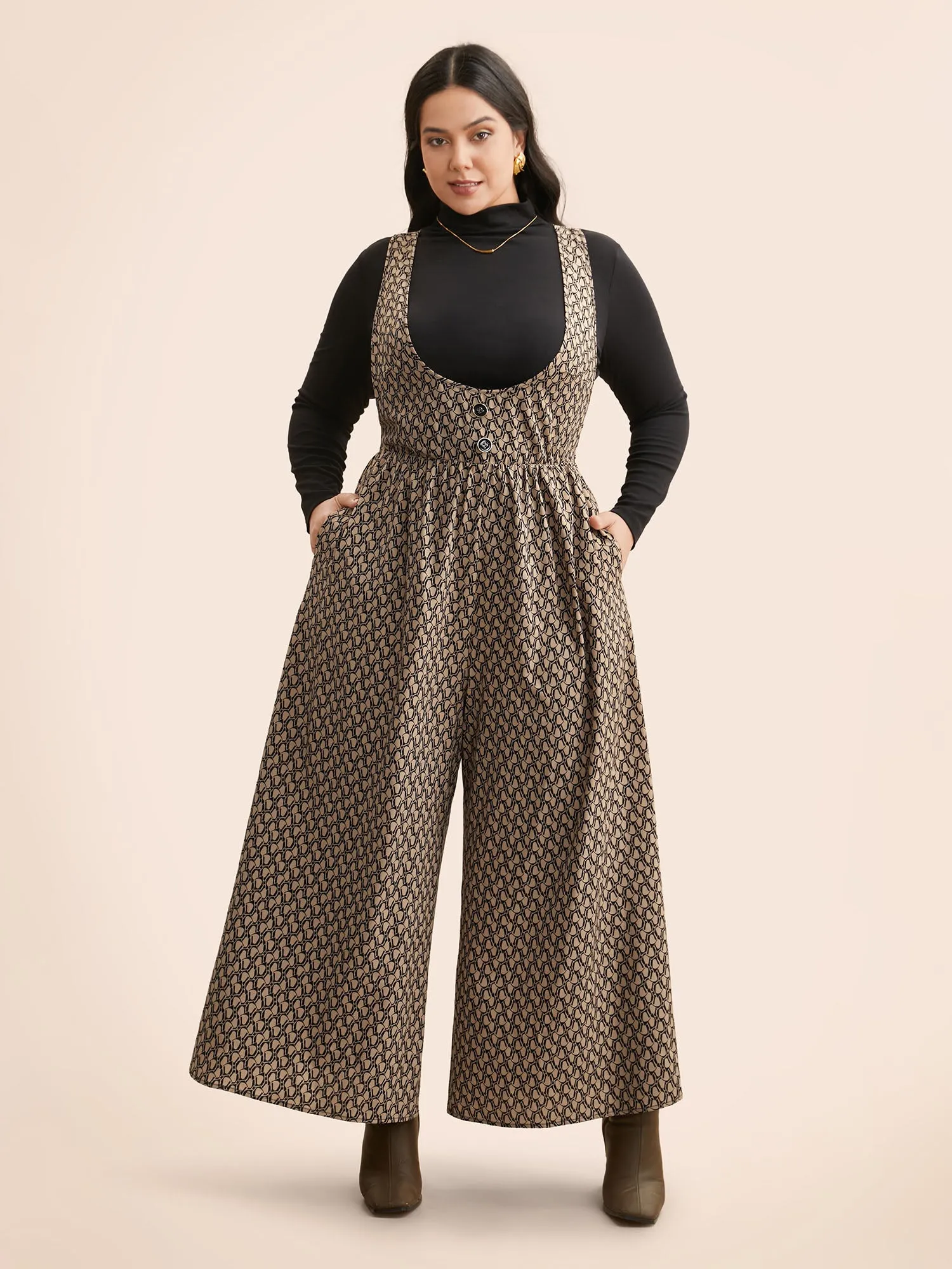 Geometric Button Detail Gathered Jumpsuit sold by Bloomchic