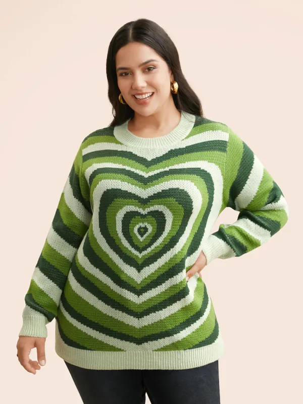 Crew Neck Contrast Heart Jacquard Pullover sold by Bloomchic