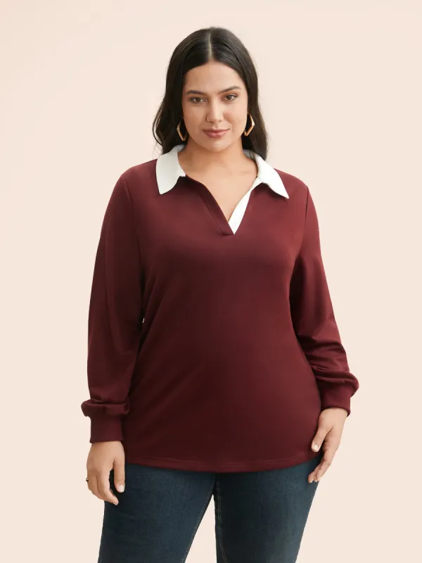 Polo Neck Contrast Patchwork Sweatshirt sold by Bloomchic