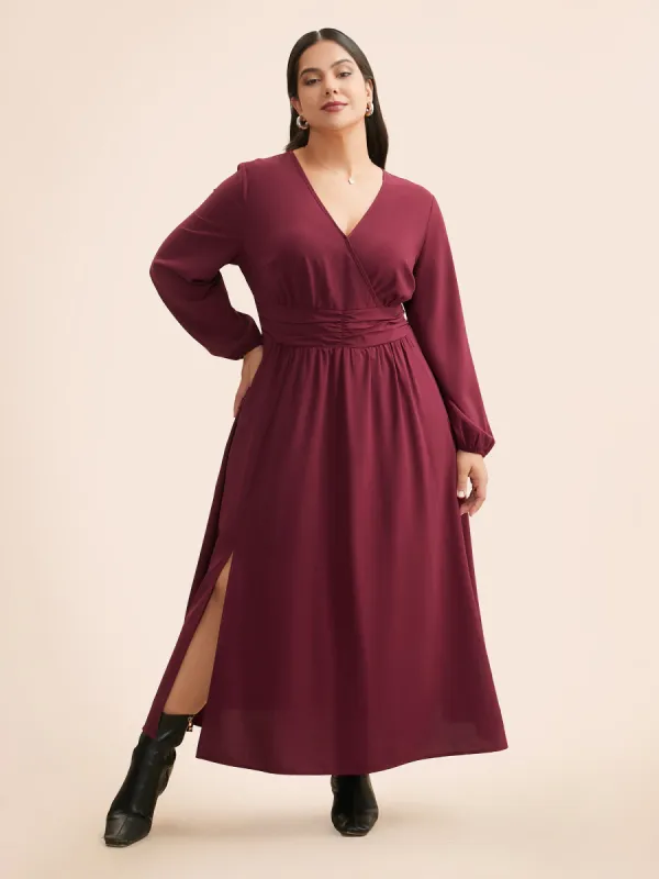 Overlap Collar Ruched Lantern Sleeve Maxi Dress sold by Bloomchic