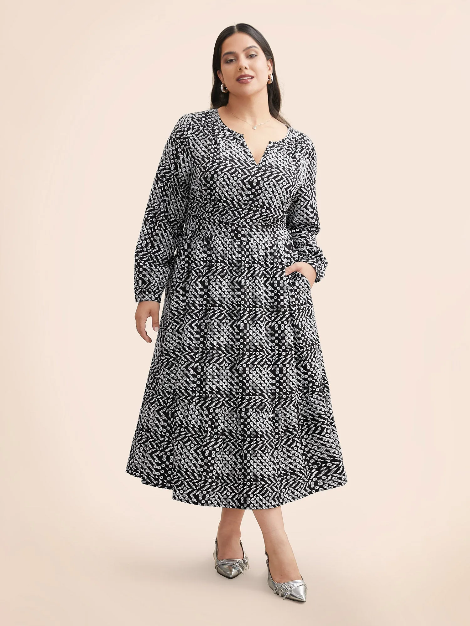 Geometric Notched Lantern Sleeve Midi Dress sold by Bloomchic