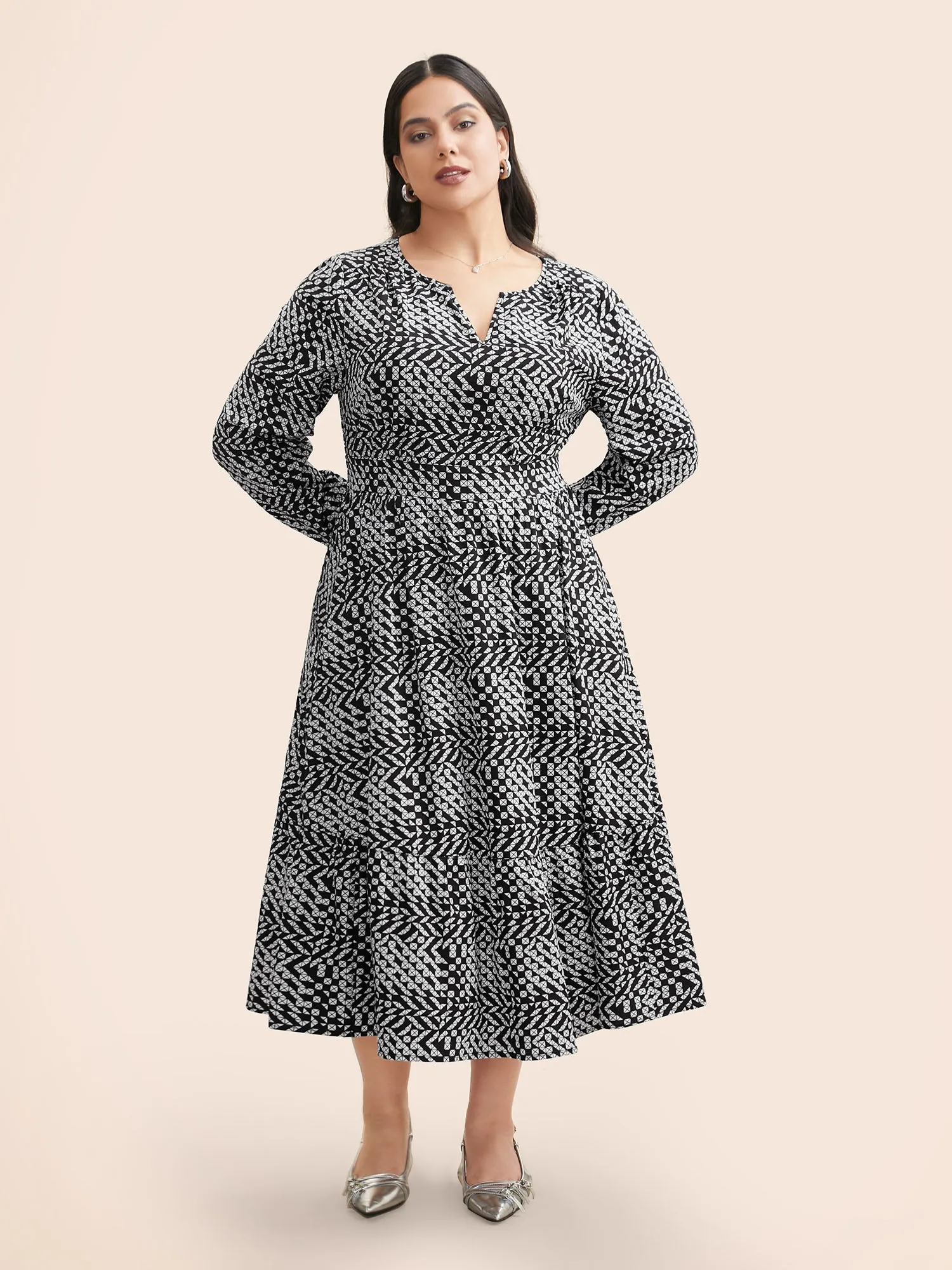 Geometric Notched Lantern Sleeve Midi Dress sold by Bloomchic product image thumbnail 3