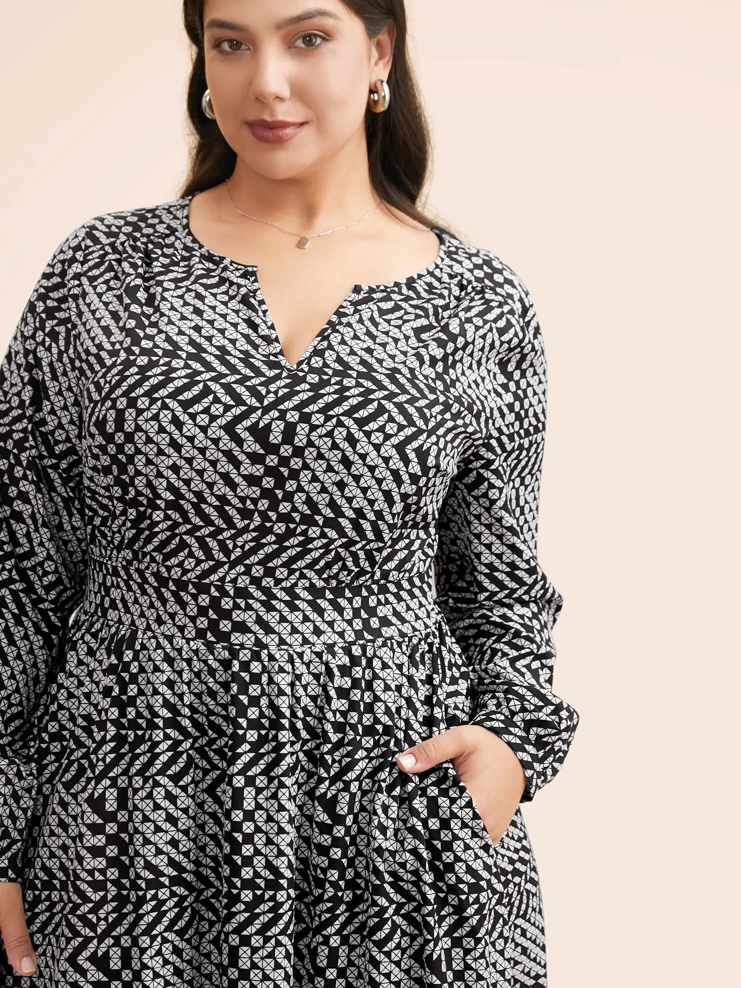 Geometric Notched Lantern Sleeve Midi Dress sold by Bloomchic product image thumbnail 2