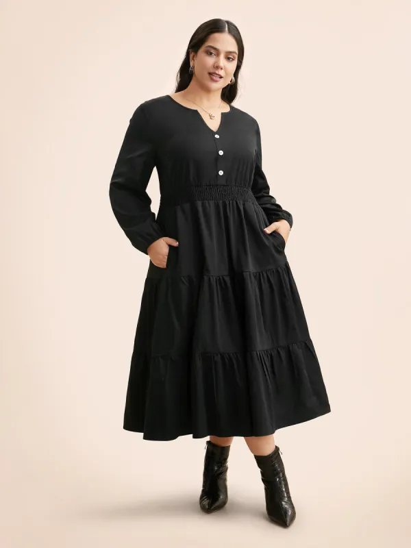Notched Button Detail Ruffle Layered Hem Dress sold by Bloomchic