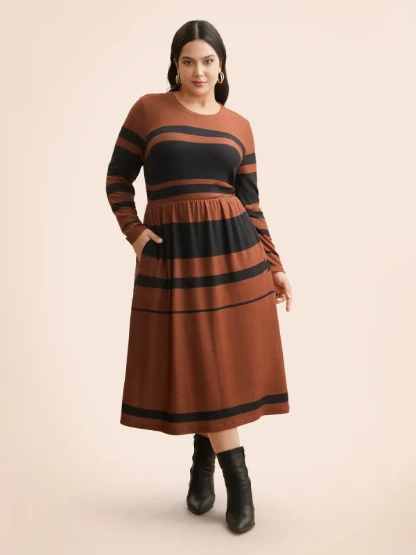 Crew Neck Striped Patchwork Elastic Waist Dress sold by Bloomchic
