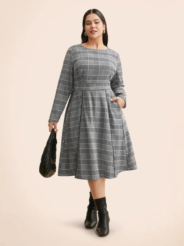 Houndstooth Round Neck Shirred Tucked Seam Dress sold by Bloomchic