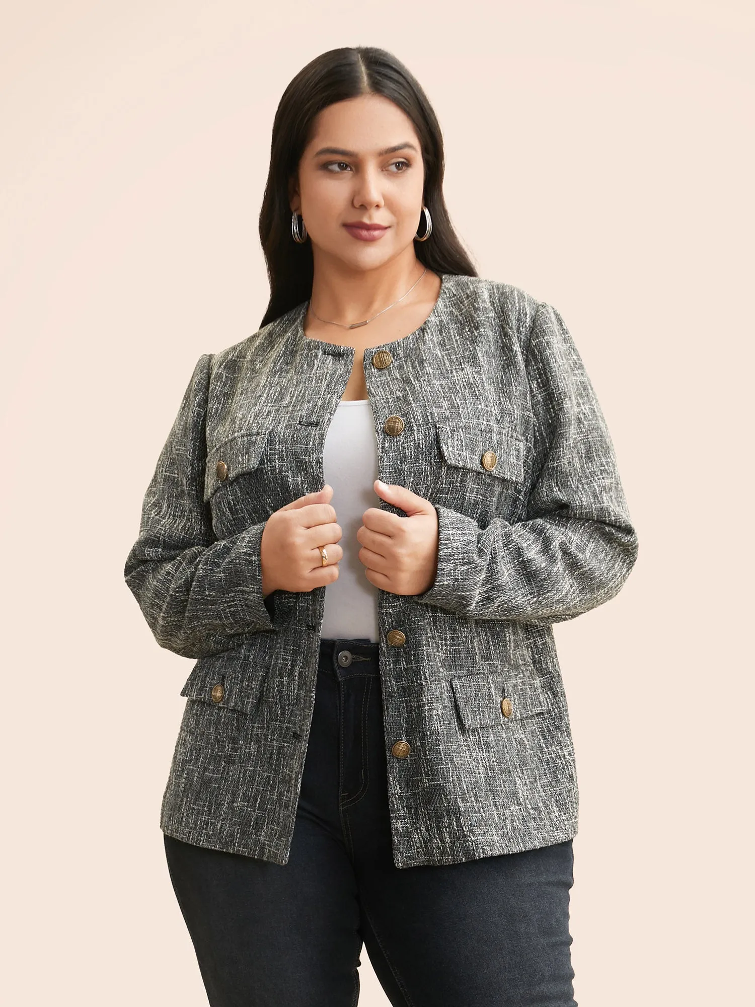 Tweed Button Up Flap Pocket Jacket sold by Bloomchic