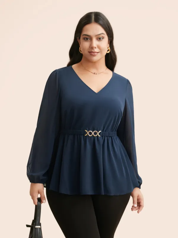 V Neck Metal Detail Gathered Blouse sold by Bloomchic