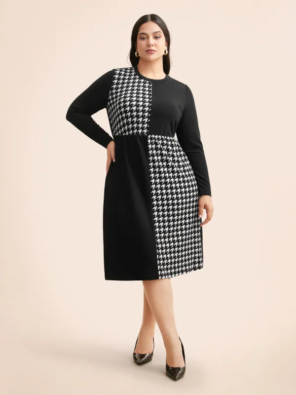 Houndstooth Patchwork Elastic Waist Dress sold by Bloomchic