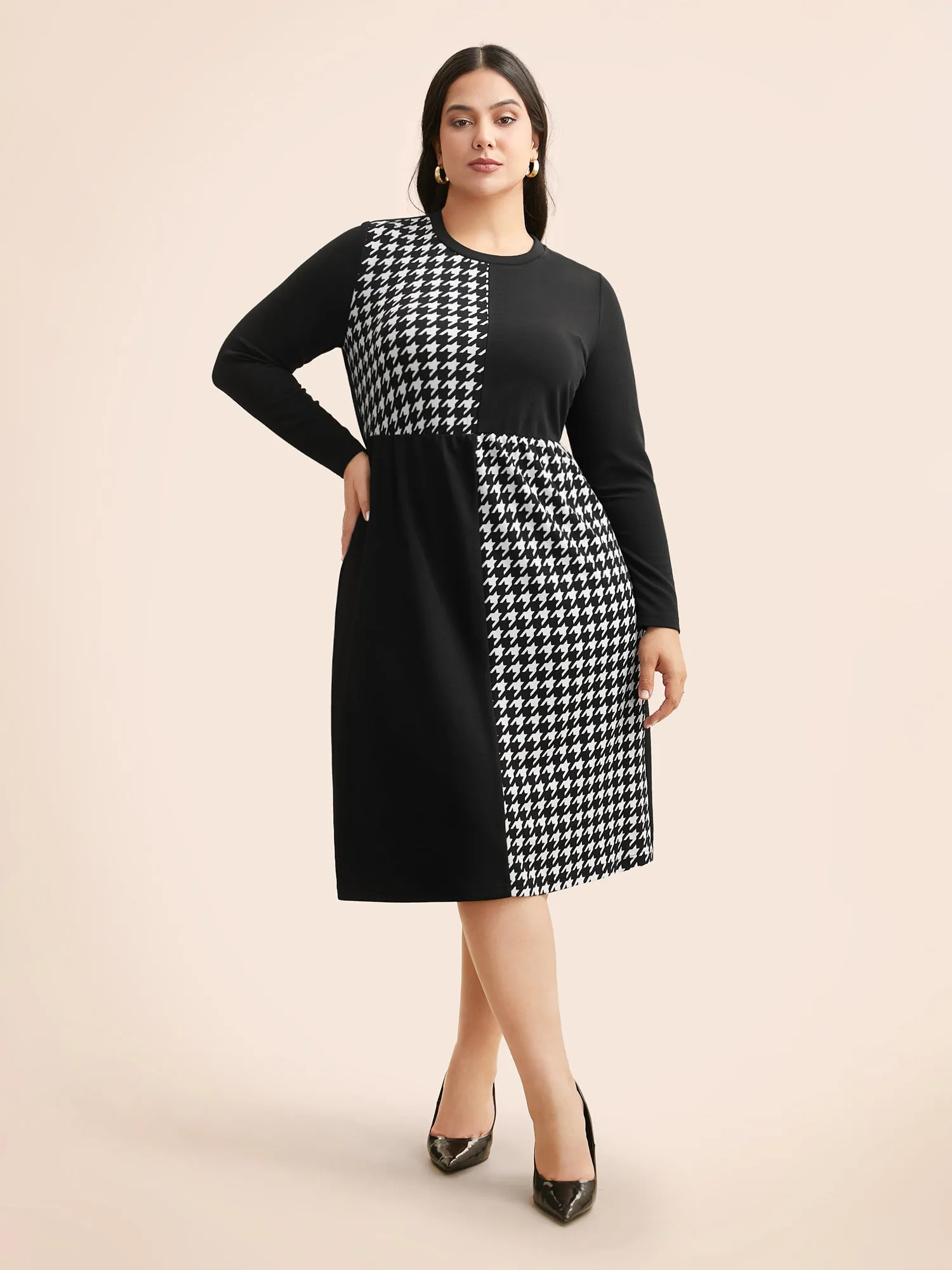 Houndstooth Patchwork Elastic Waist Dress sold by Bloomchic