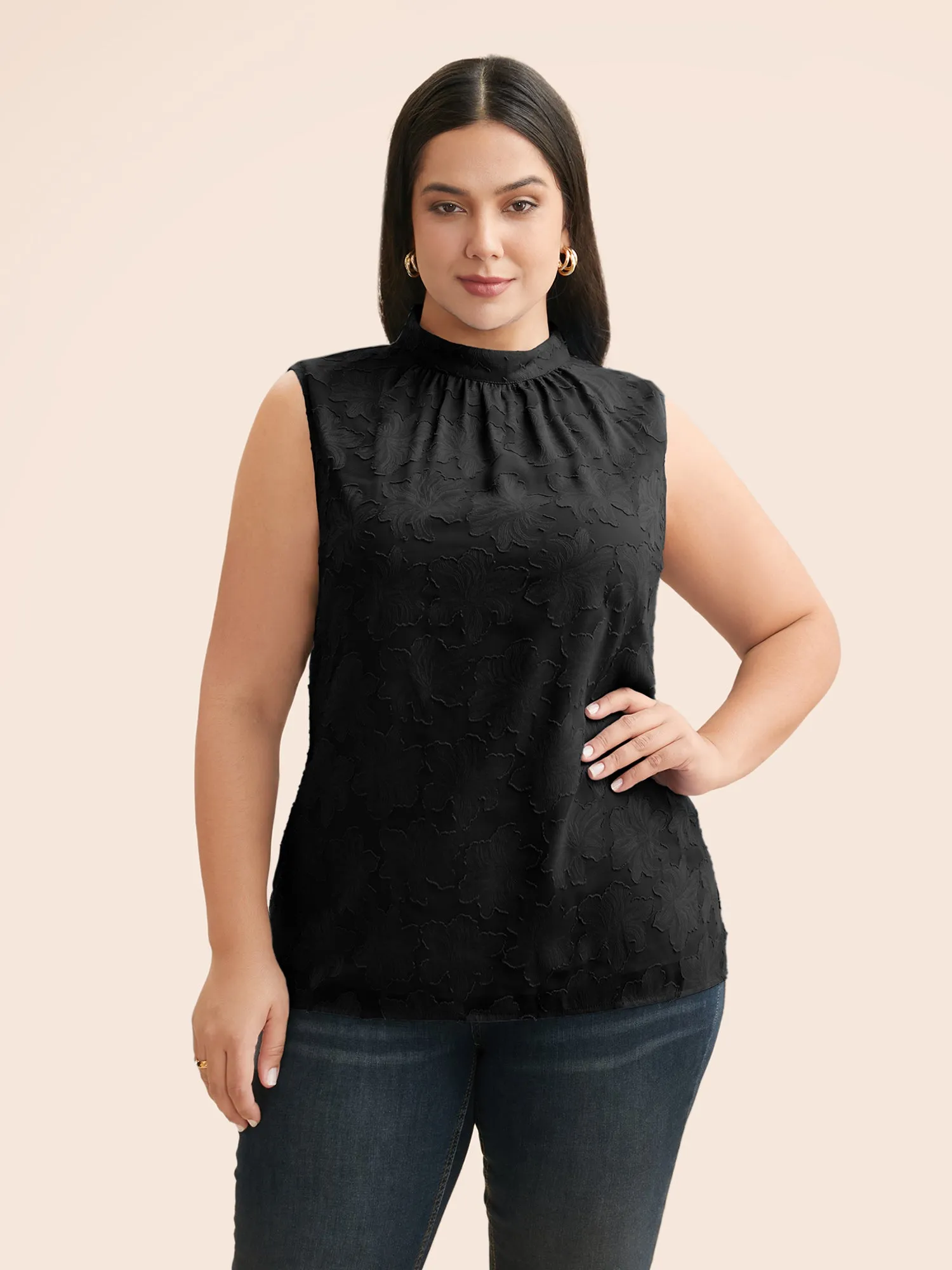 Textured Stand Collar Gathered Tank Top sold by Bloomchic product image thumbnail 4