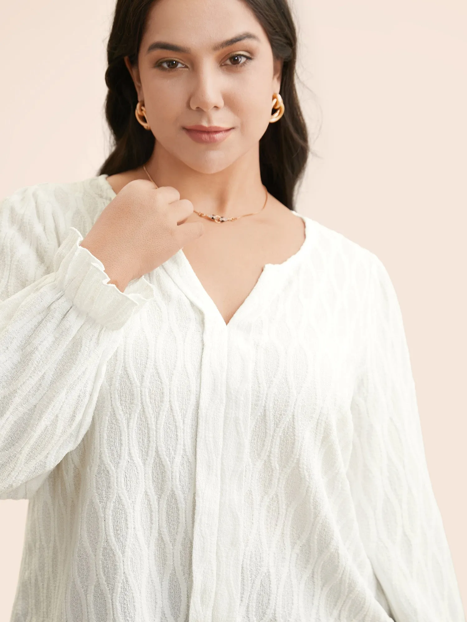 Plain Textured Notched Lantern Sleeve Blouse sold by Bloomchic product image thumbnail 3