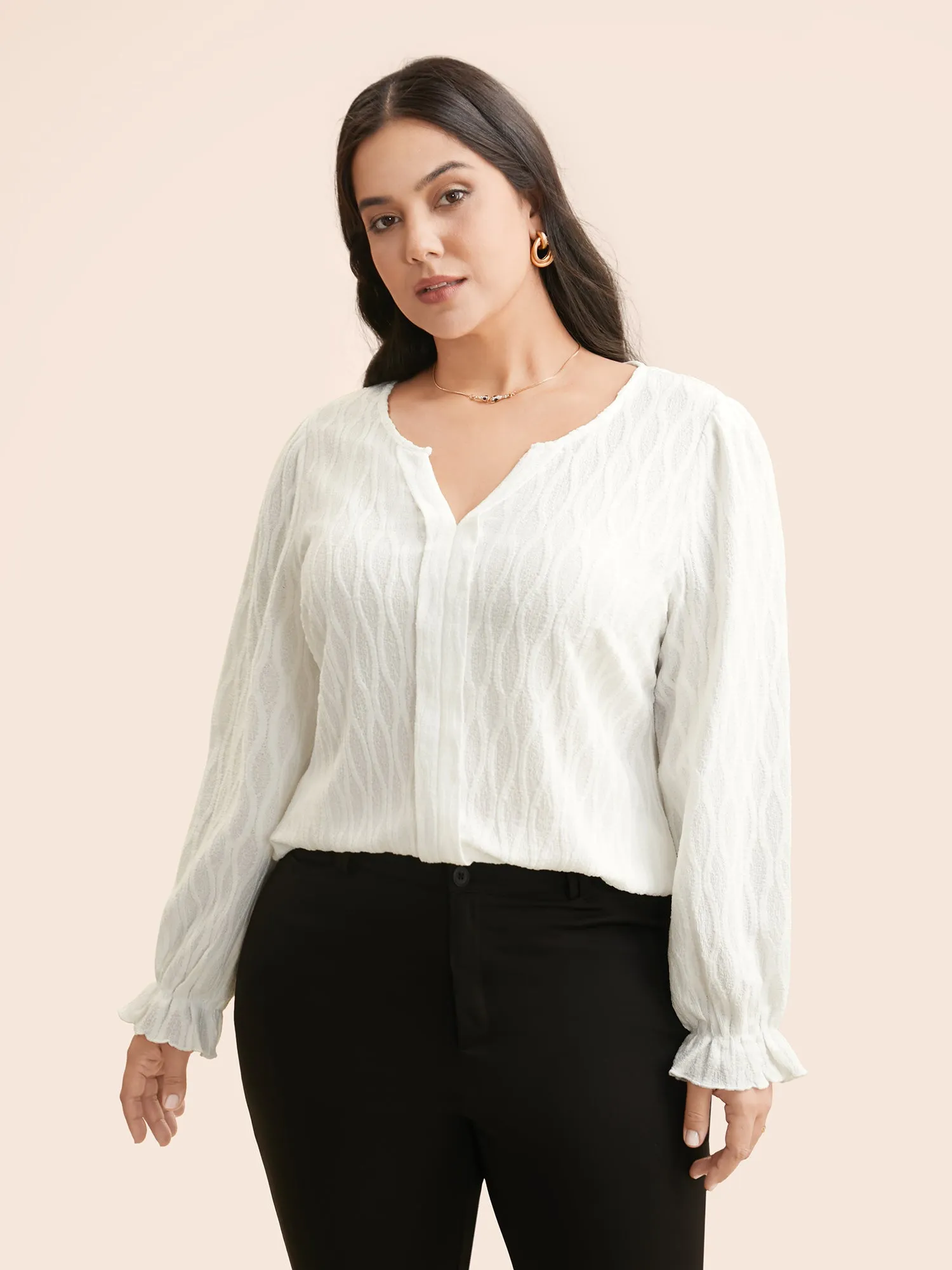 Plain Textured Notched Lantern Sleeve Blouse sold by Bloomchic
