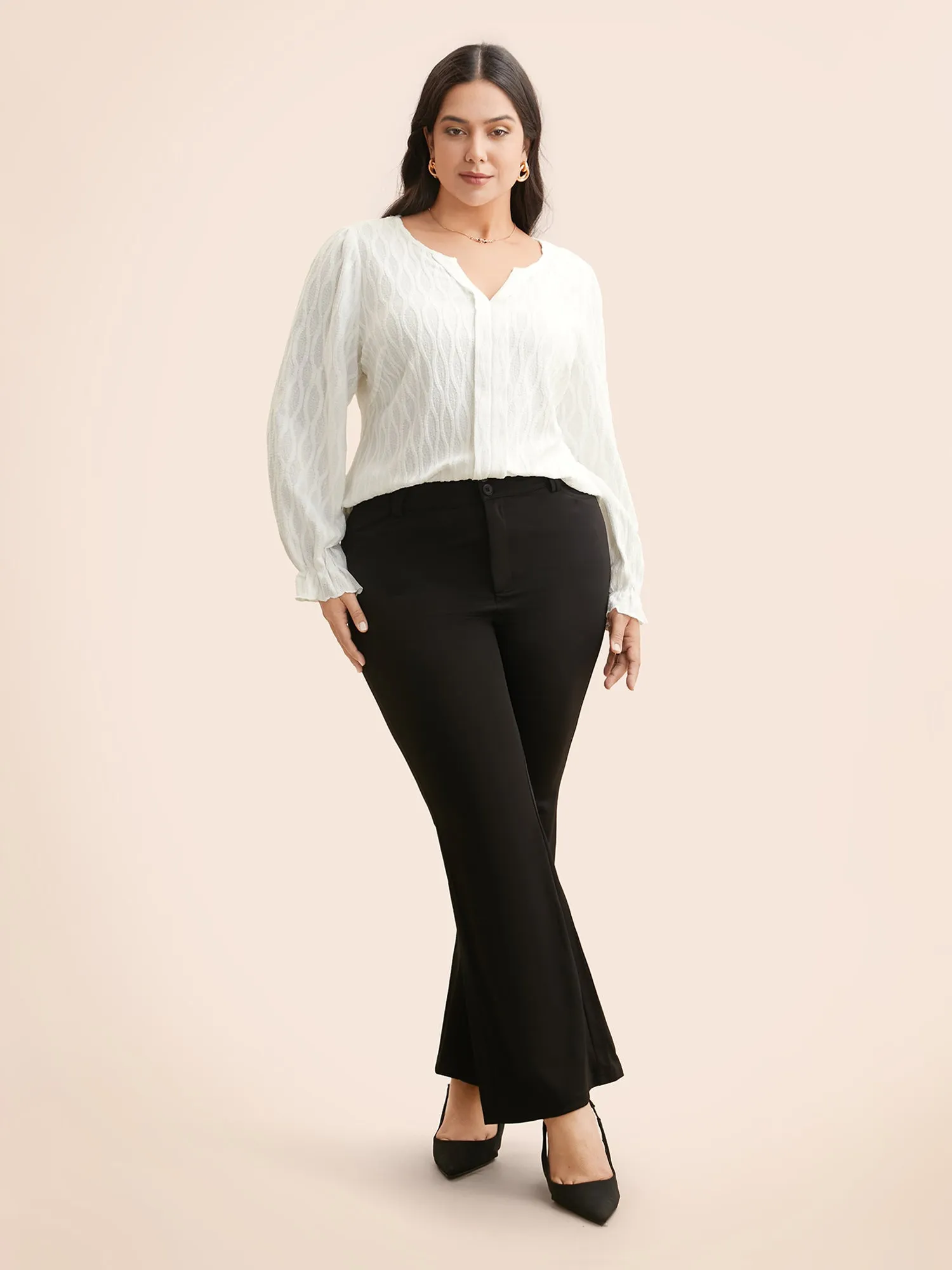 Plain Textured Notched Lantern Sleeve Blouse sold by Bloomchic product image thumbnail 2