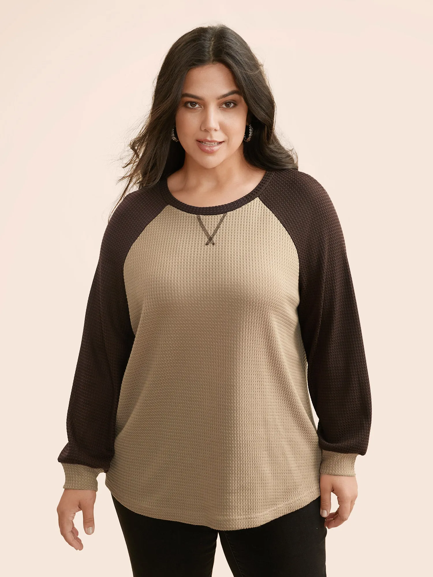 Waffle Knit Contrast Raglan Sleeve T-shirt sold by Bloomchic product image thumbnail 4