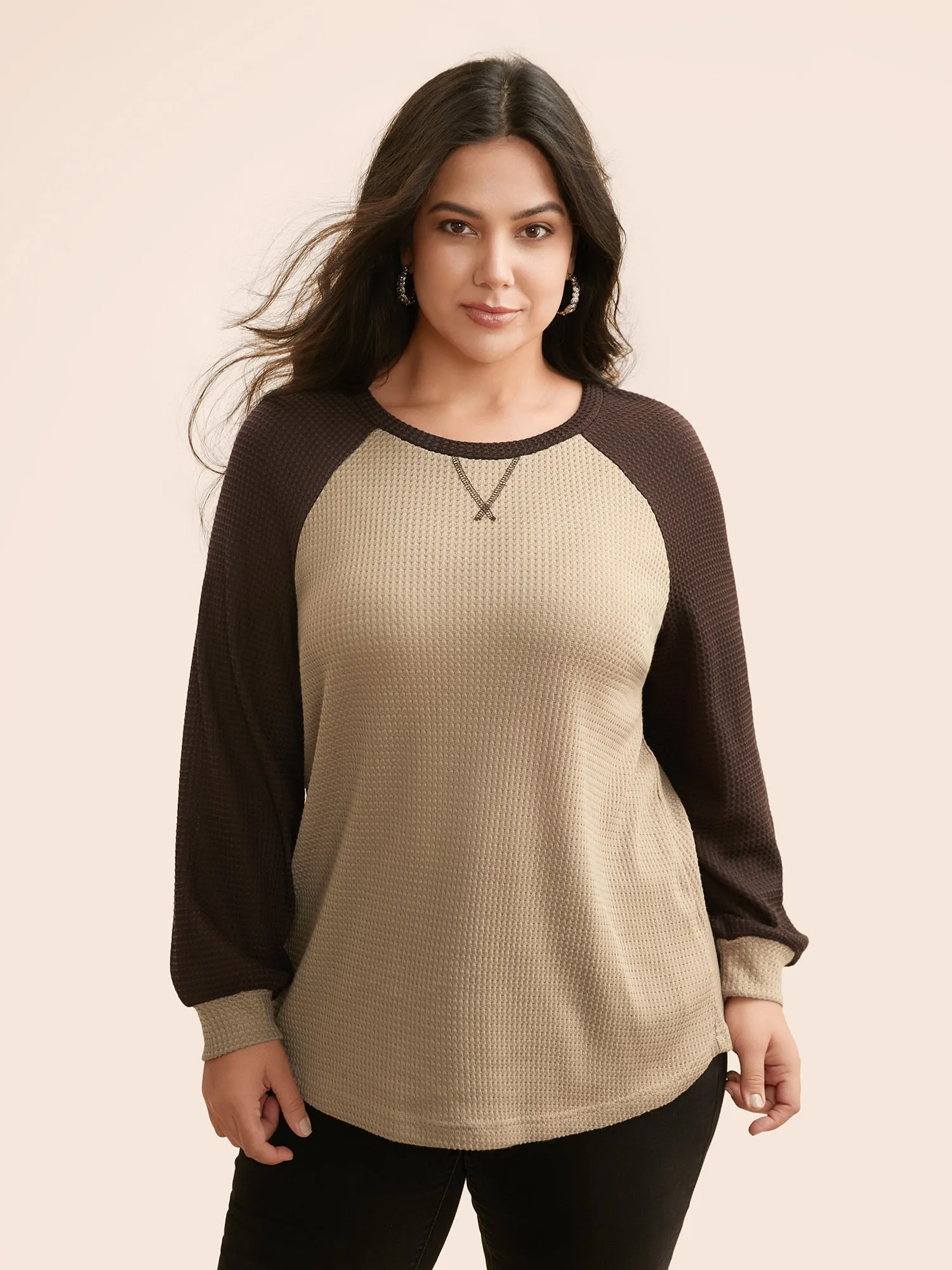 Waffle Knit Contrast Raglan Sleeve T-shirt sold by Bloomchic
