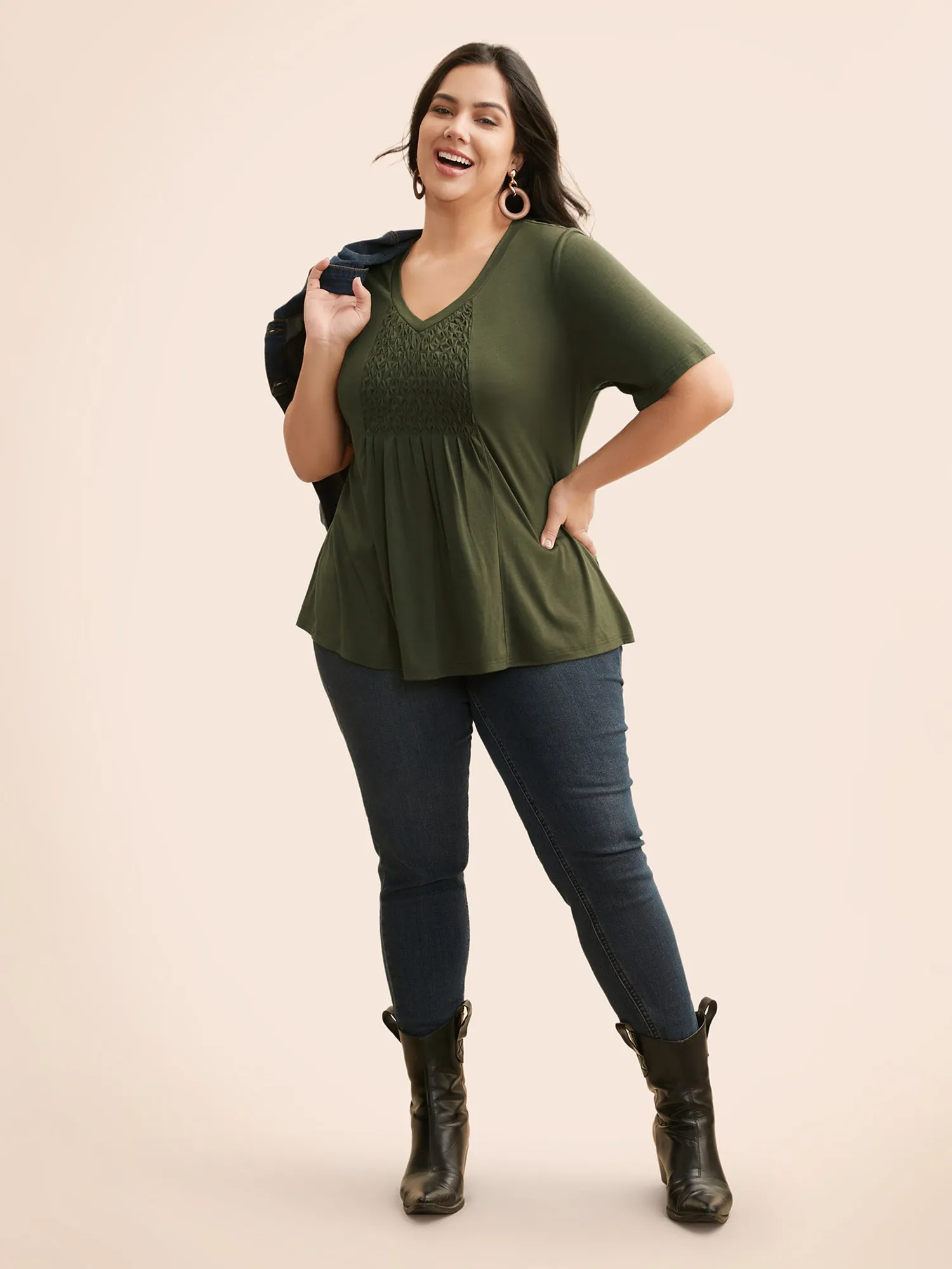 V Neck Shirred Patchwork Jersey Top sold by Bloomchic product image thumbnail 4