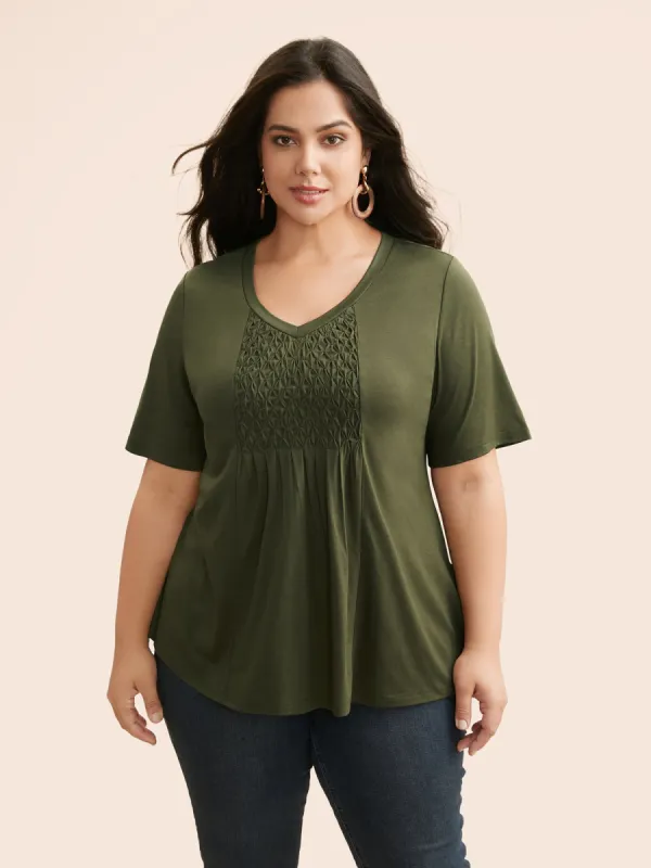 V Neck Shirred Patchwork Jersey Top sold by Bloomchic