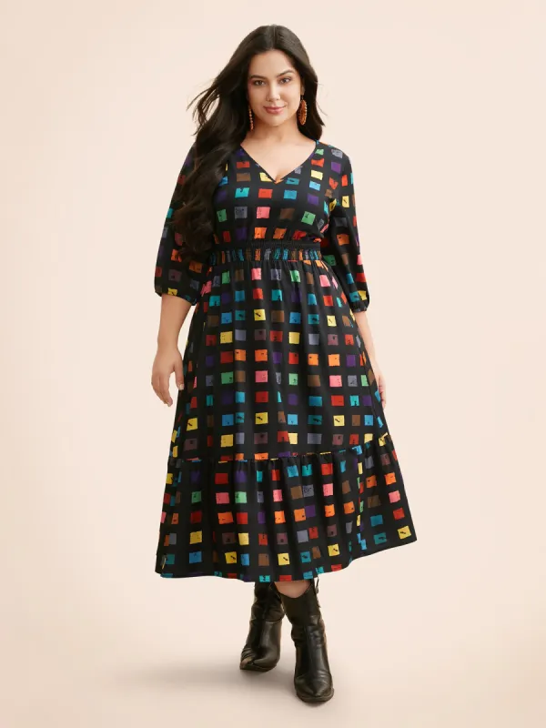 Colorblock Contrast Shirred Lantern Sleeve Dress sold by Bloomchic