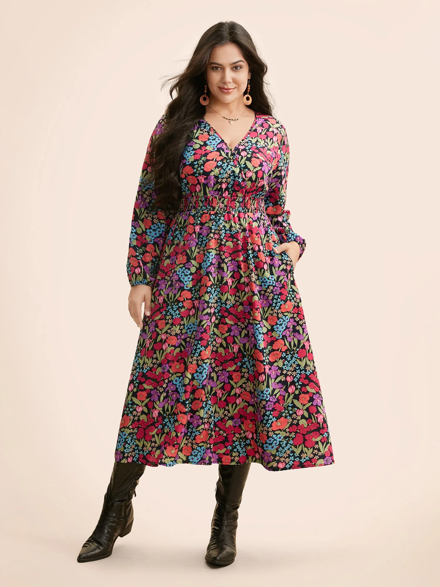 Floral Overlap Collar Shirred Dress sold by Bloomchic product image thumbnail 3