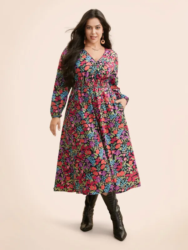Floral Overlap Collar Shirred Dress sold by Bloomchic