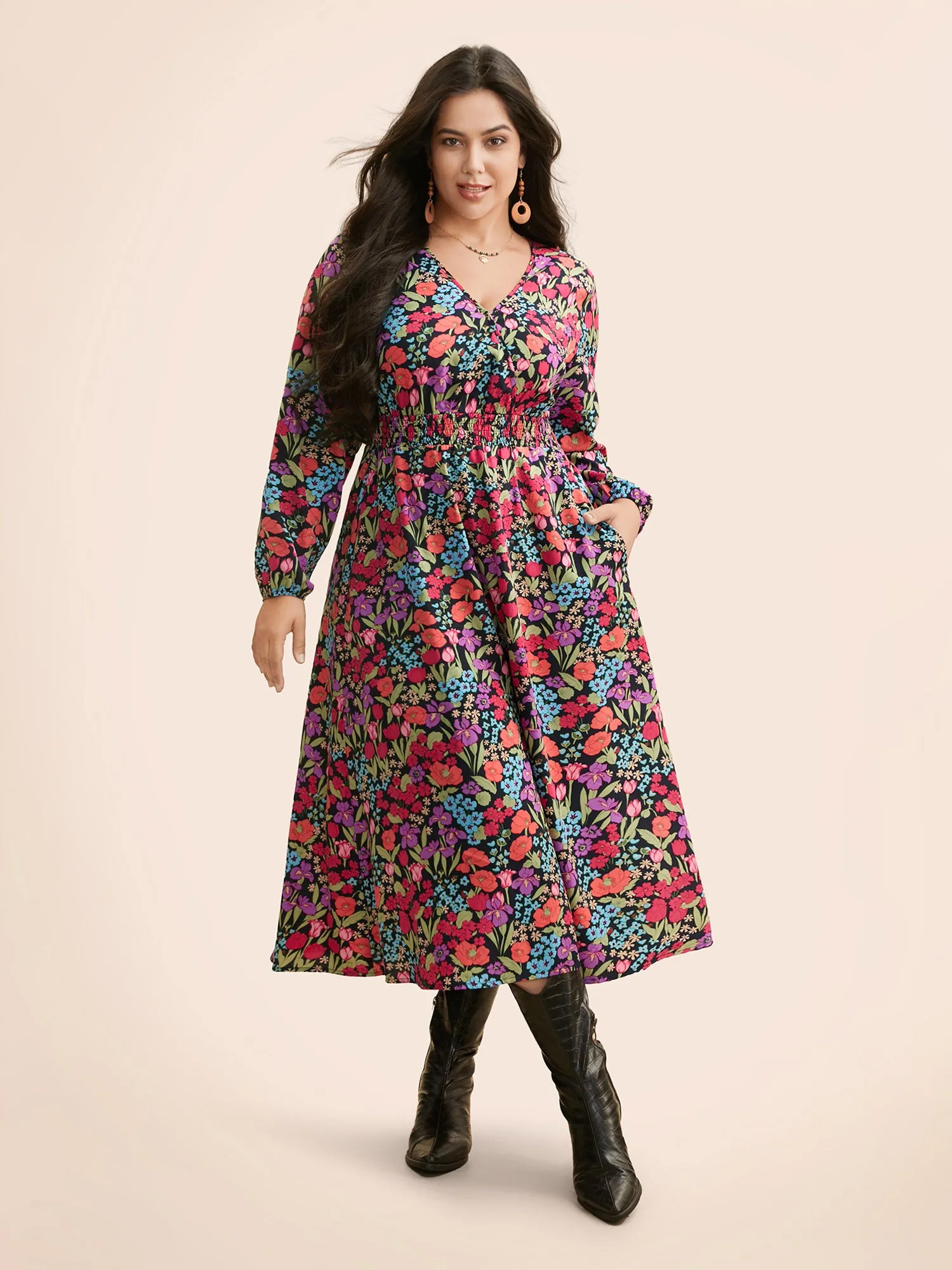 Floral Overlap Collar Shirred Dress sold by Bloomchic