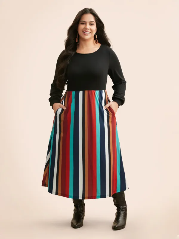 Round Neck Contrast Striped Patchwork Midi Dress made by Bloomchic