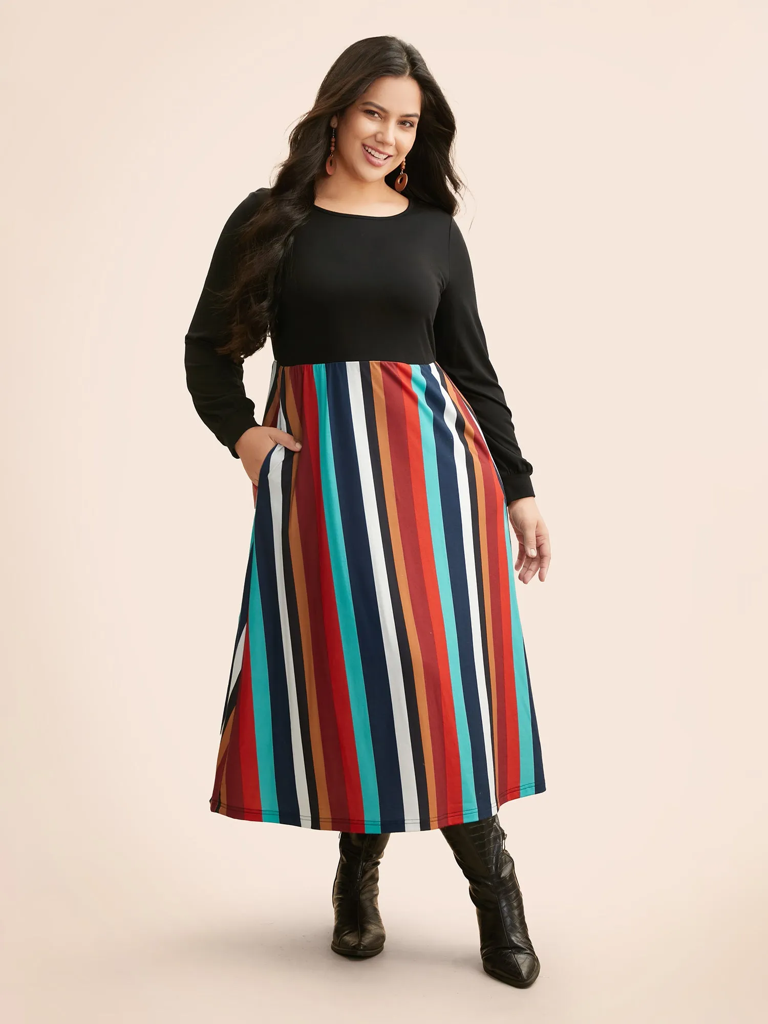 Round Neck Contrast Striped Patchwork Midi Dress sold by Bloomchic product image thumbnail 2