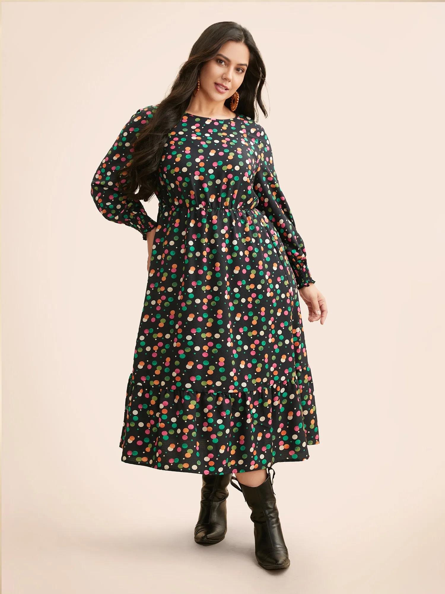 Colored Polka Dot Shirred Frill Trim Dress sold by Bloomchic