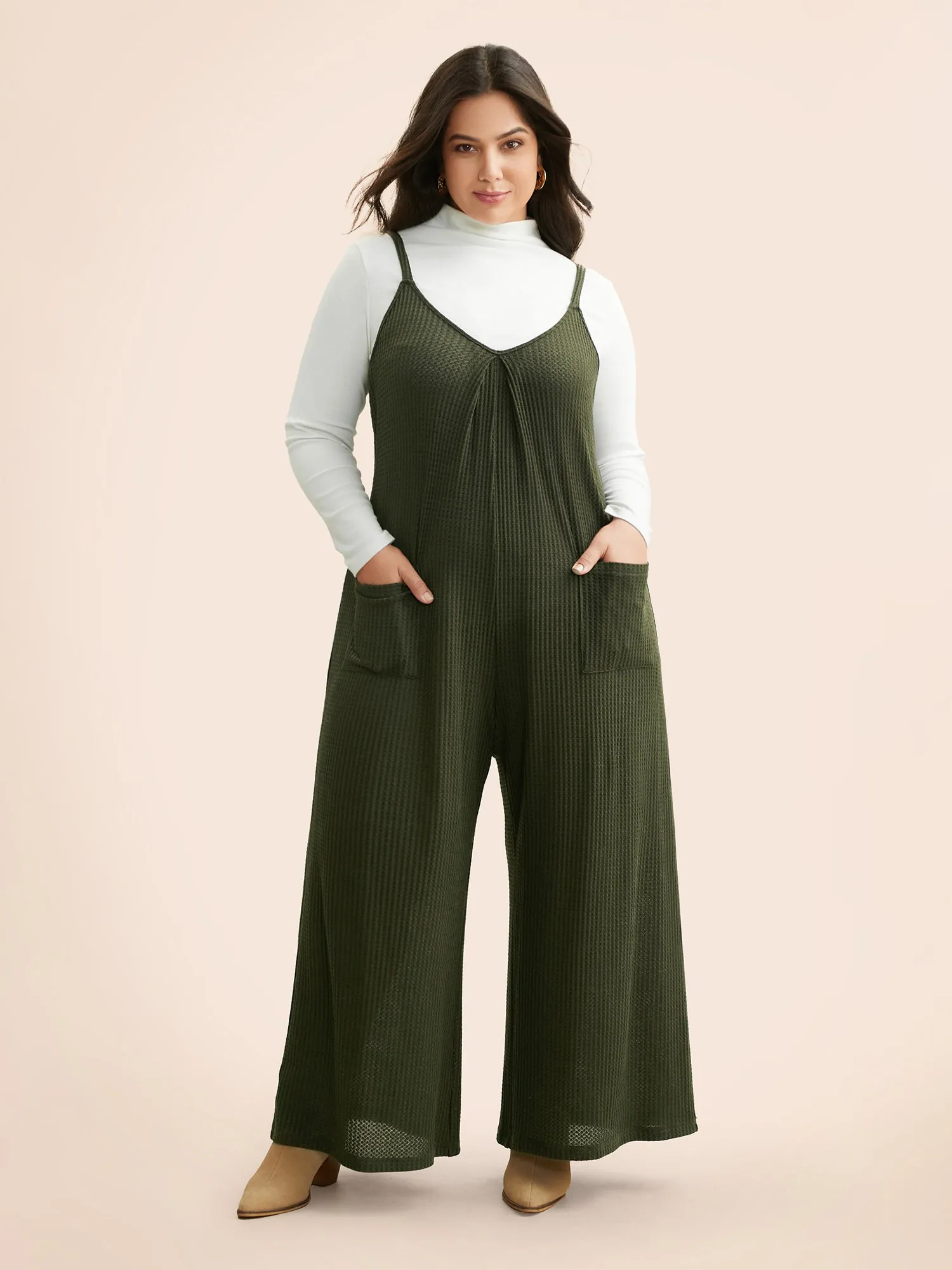 Waffle Knit Plicated Detail Patch Pocket Jumpsuit sold by Bloomchic