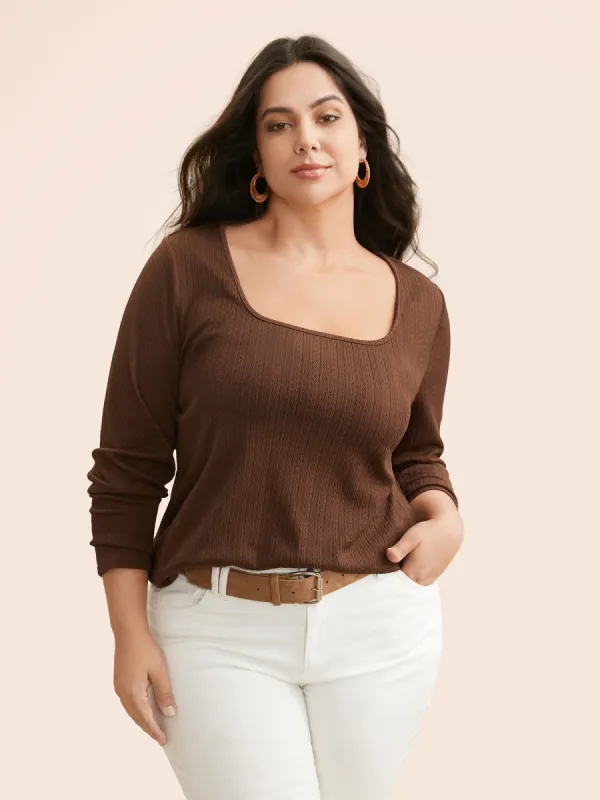 Square Neck Plain Textured T-shirt sold by Bloomchic