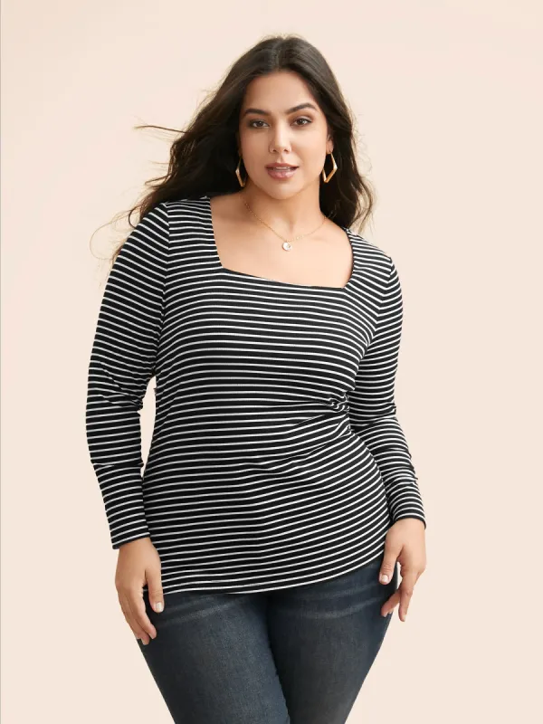 Square Neck Striped Texture T-shirt sold by Bloomchic