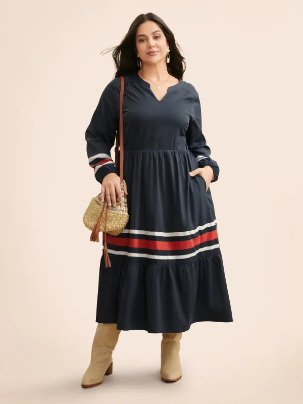 Contrast Striped Notched Ruffle Hem Dress sold by Bloomchic