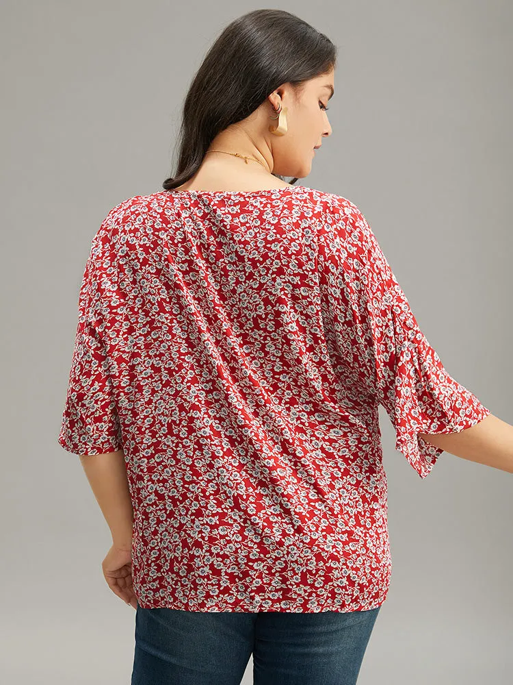 Ditsy Floral Batwing Sleeve Drawstring Hem Blouse sold by Bloomchic product image thumbnail 2