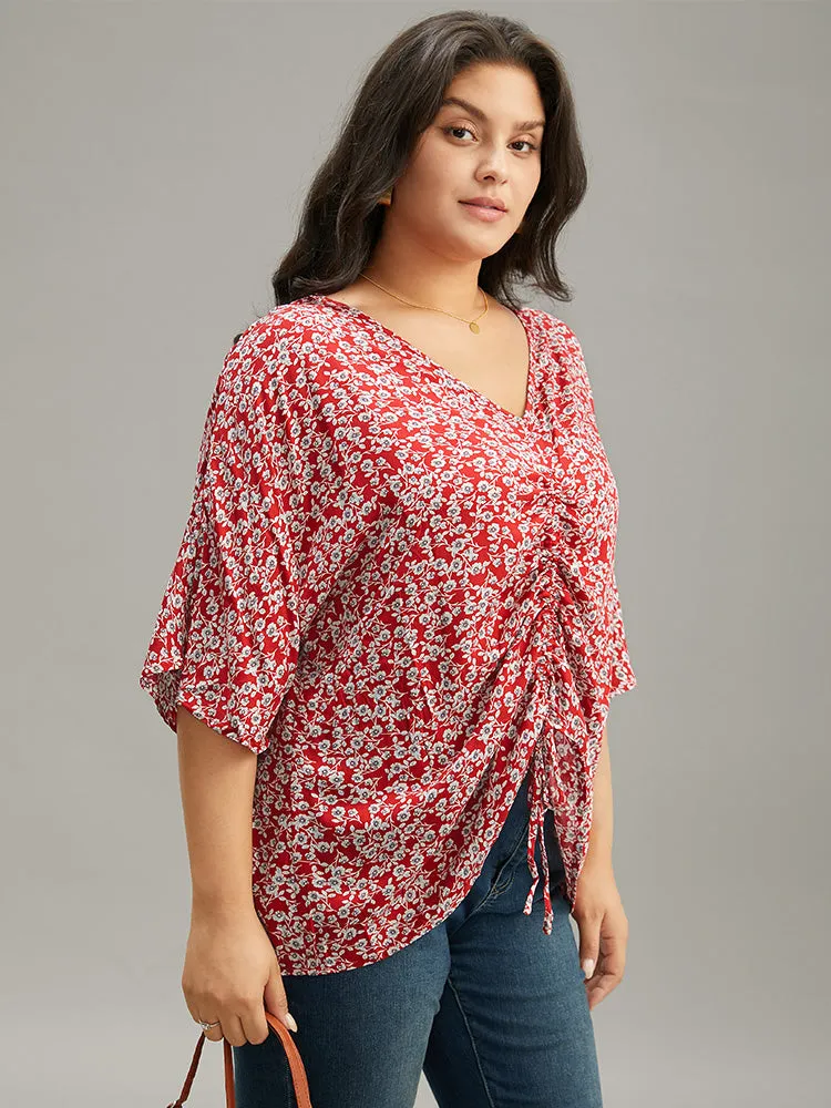 Ditsy Floral Batwing Sleeve Drawstring Hem Blouse sold by Bloomchic product image thumbnail 3
