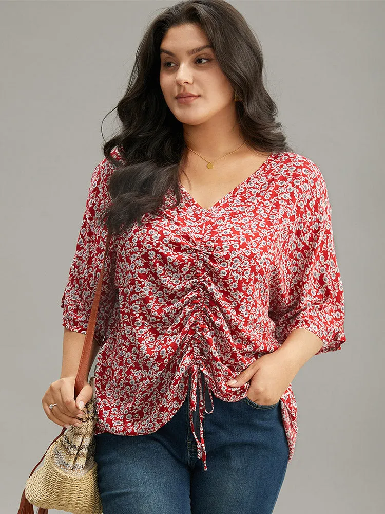 Ditsy Floral Batwing Sleeve Drawstring Hem Blouse sold by Bloomchic