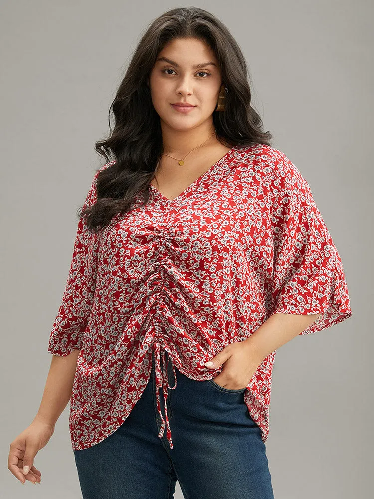 Ditsy Floral Batwing Sleeve Drawstring Hem Blouse sold by Bloomchic product image thumbnail 5