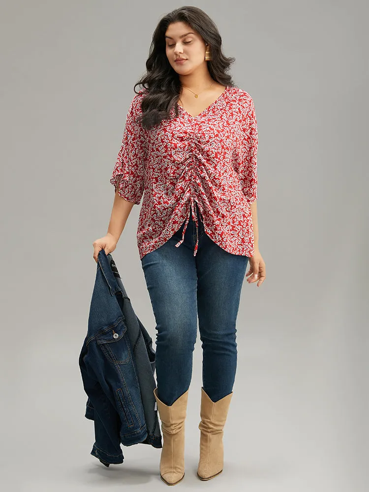 Ditsy Floral Batwing Sleeve Drawstring Hem Blouse sold by Bloomchic product image thumbnail 4