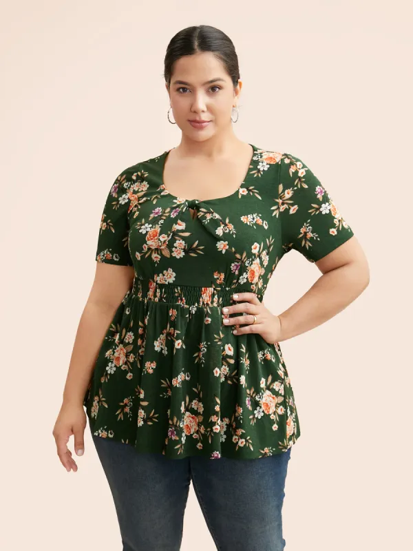 Floral Tie Knot Shirred Jersey Top sold by Bloomchic