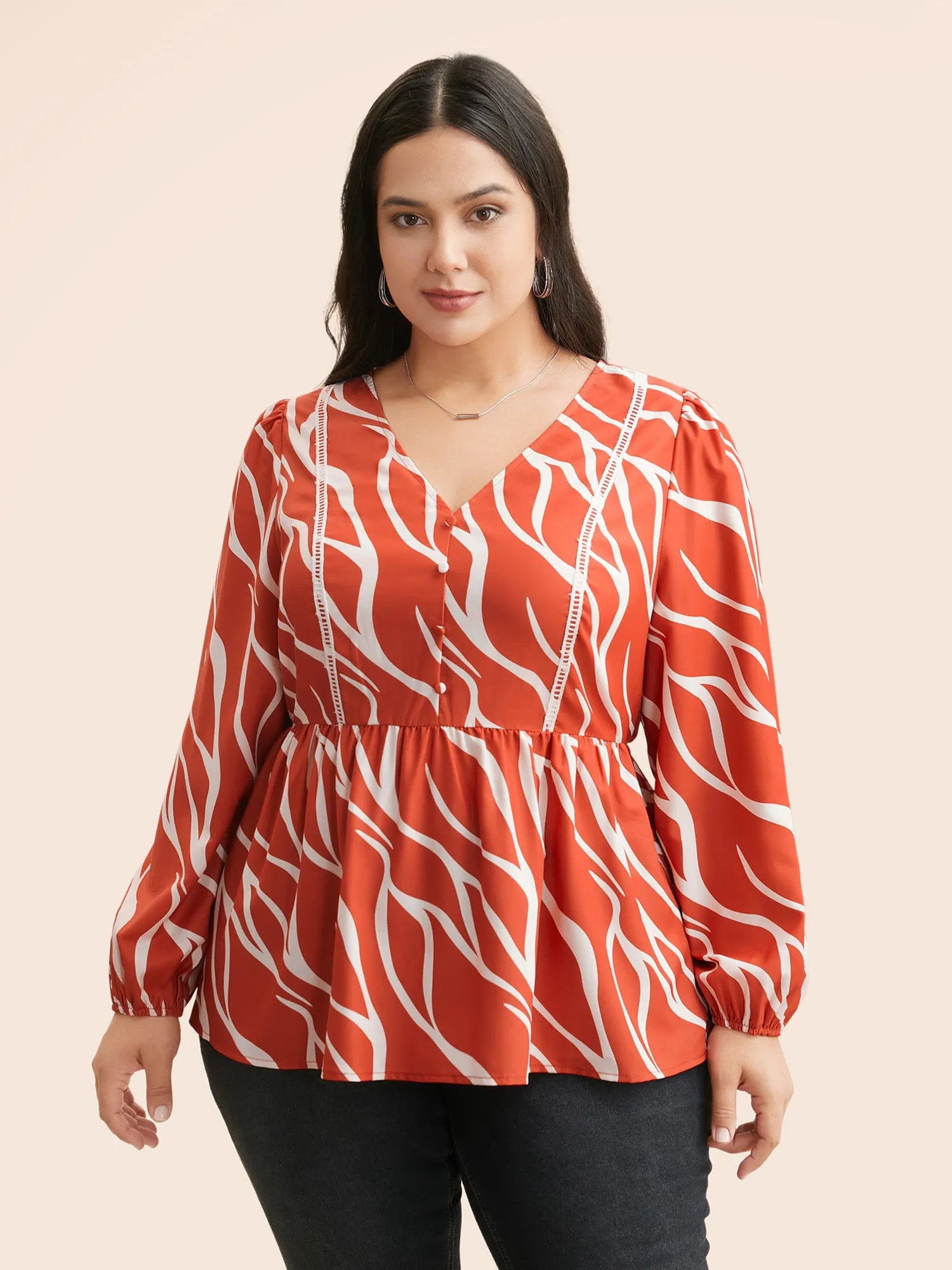 Geometric Contrast Webbing Button Detail Blouse sold by Bloomchic