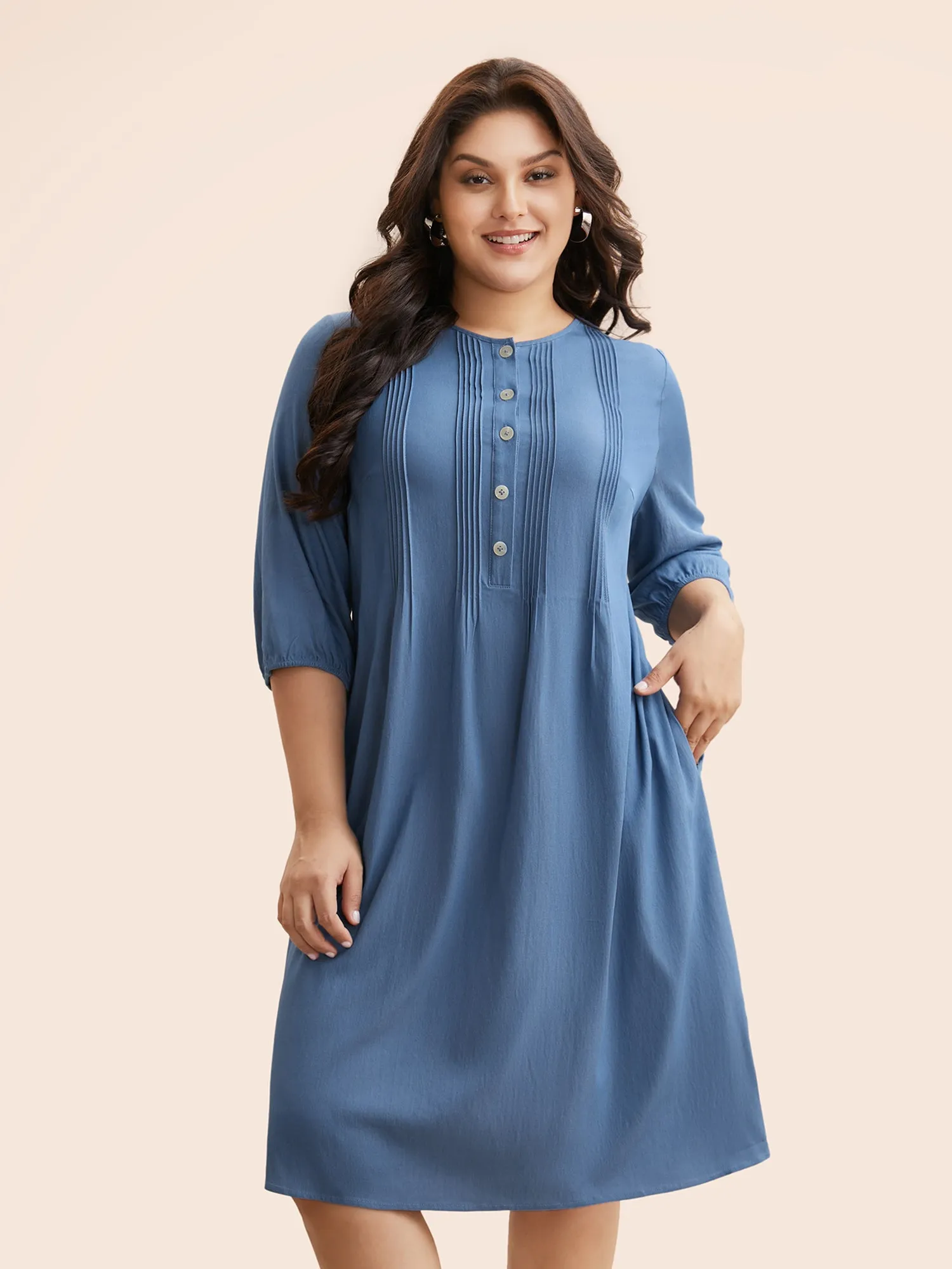 Solid Pleated Button Up Dress sold by Bloomchic