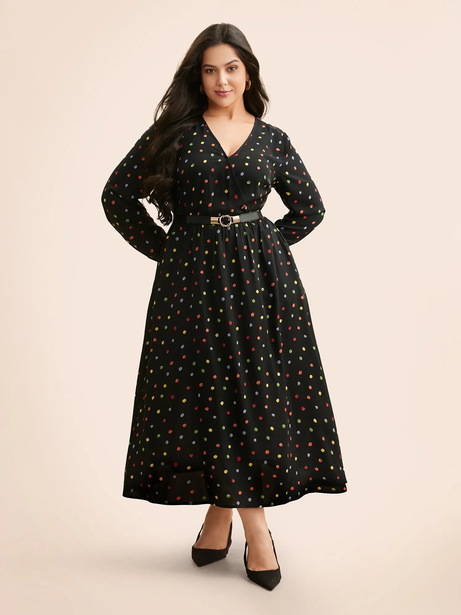 Overlap Collar Color Polka Dot Dress sold by Bloomchic