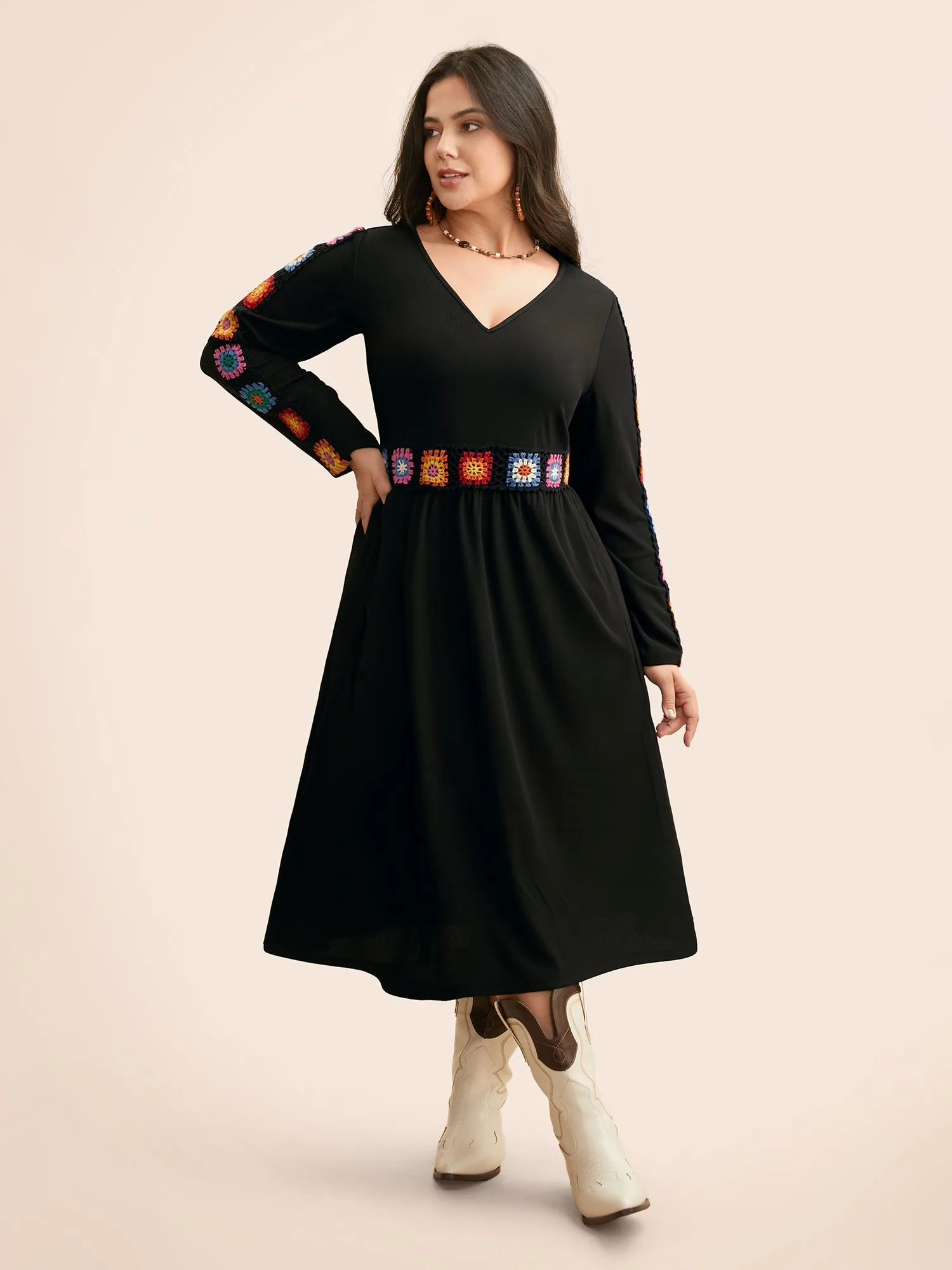 V Neck Crochet Floral Patchwork Dress sold by Bloomchic