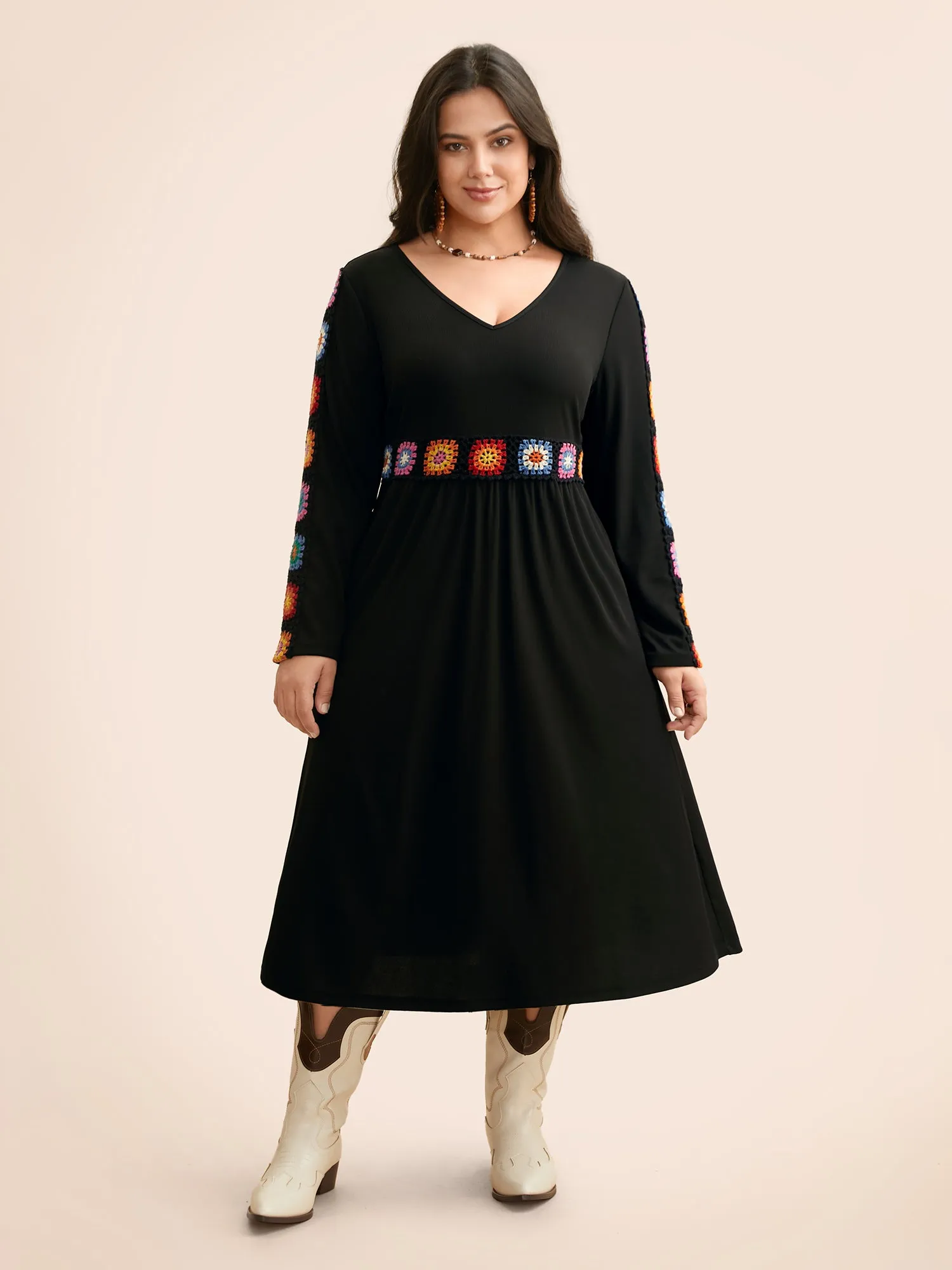 V Neck Crochet Floral Patchwork Dress sold by Bloomchic product image thumbnail 3