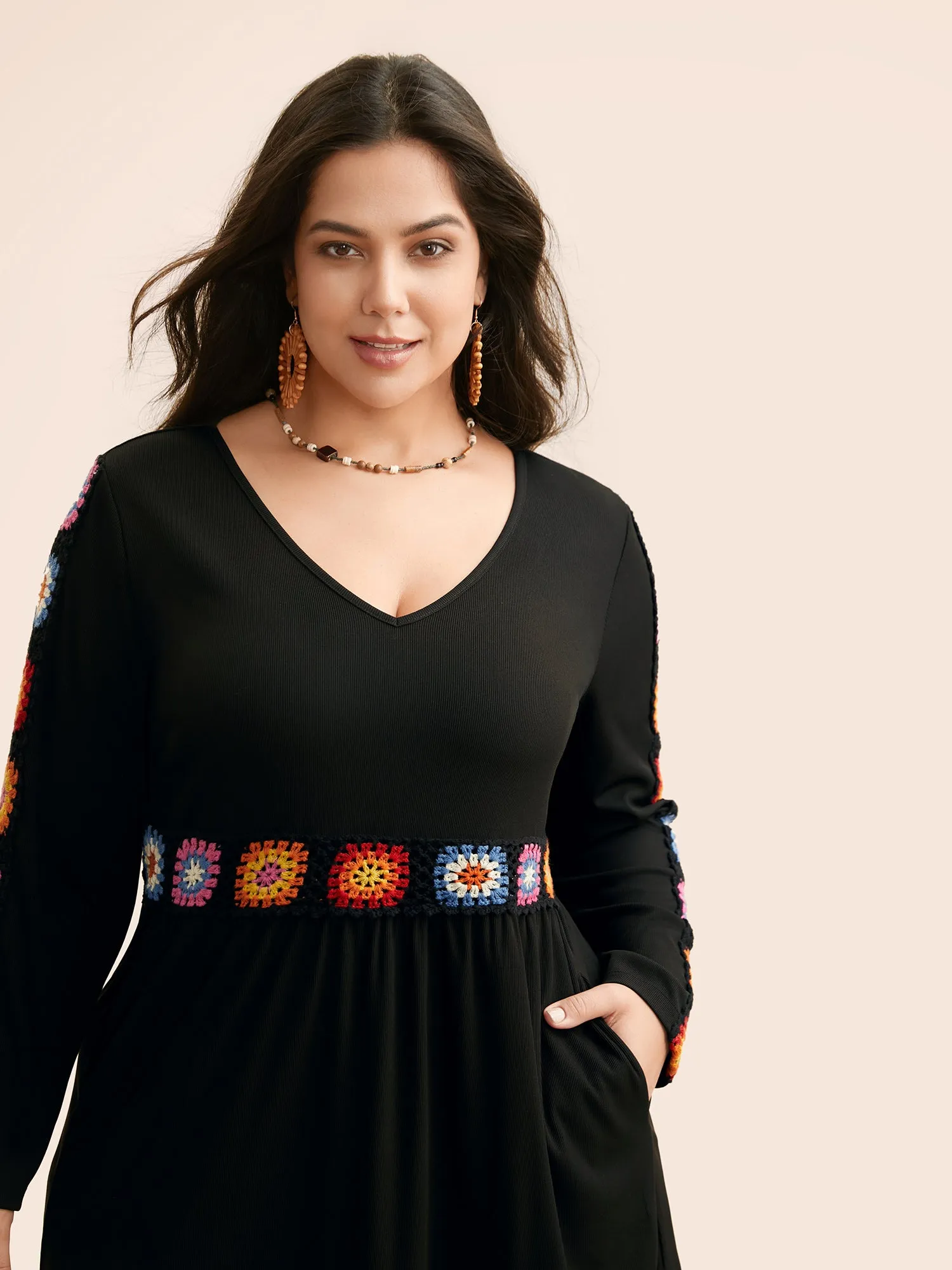 V Neck Crochet Floral Patchwork Dress sold by Bloomchic product image thumbnail 2