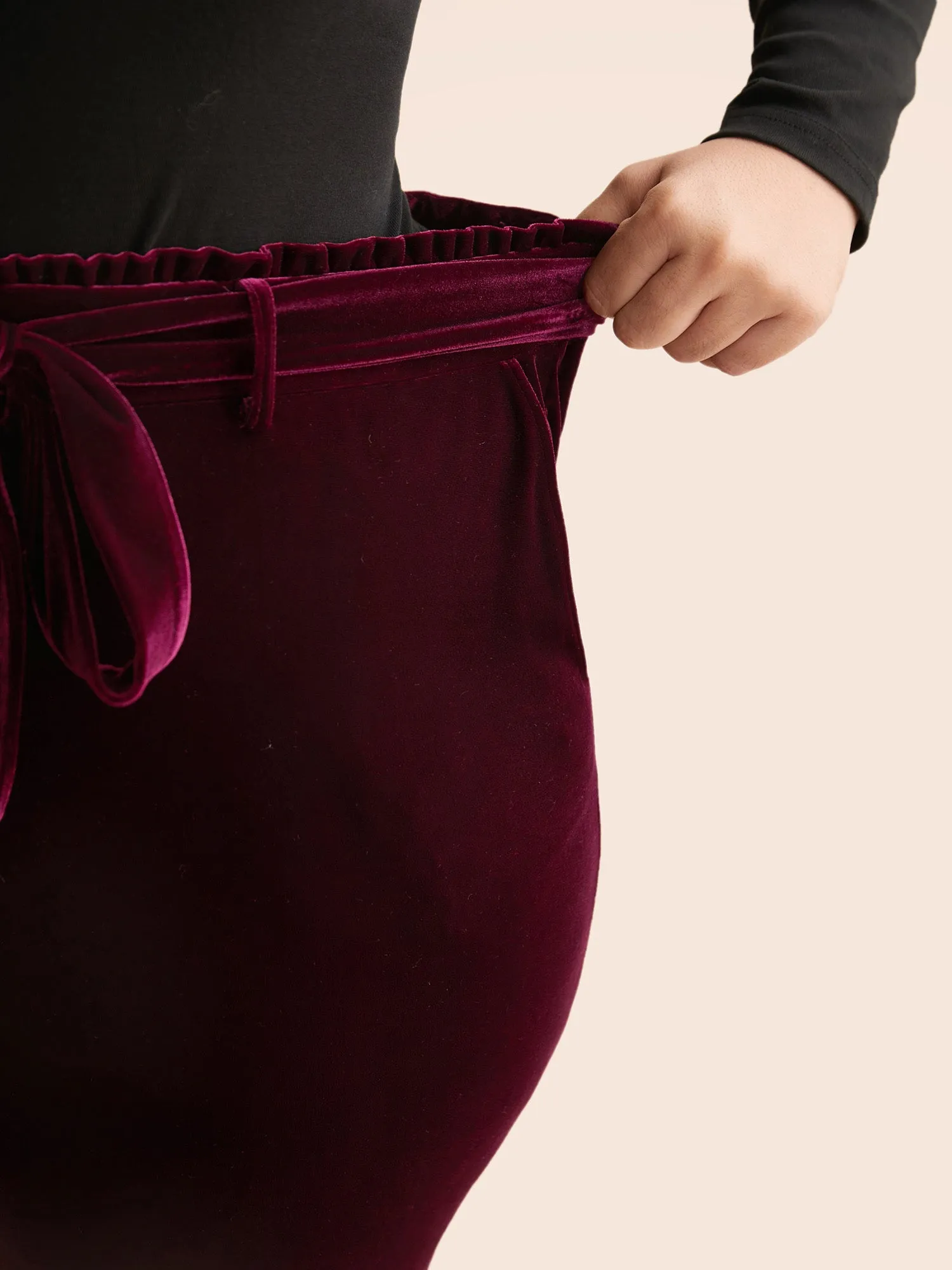 Velvet Paperbag Waist Belted Pants sold by Bloomchic product image thumbnail 4