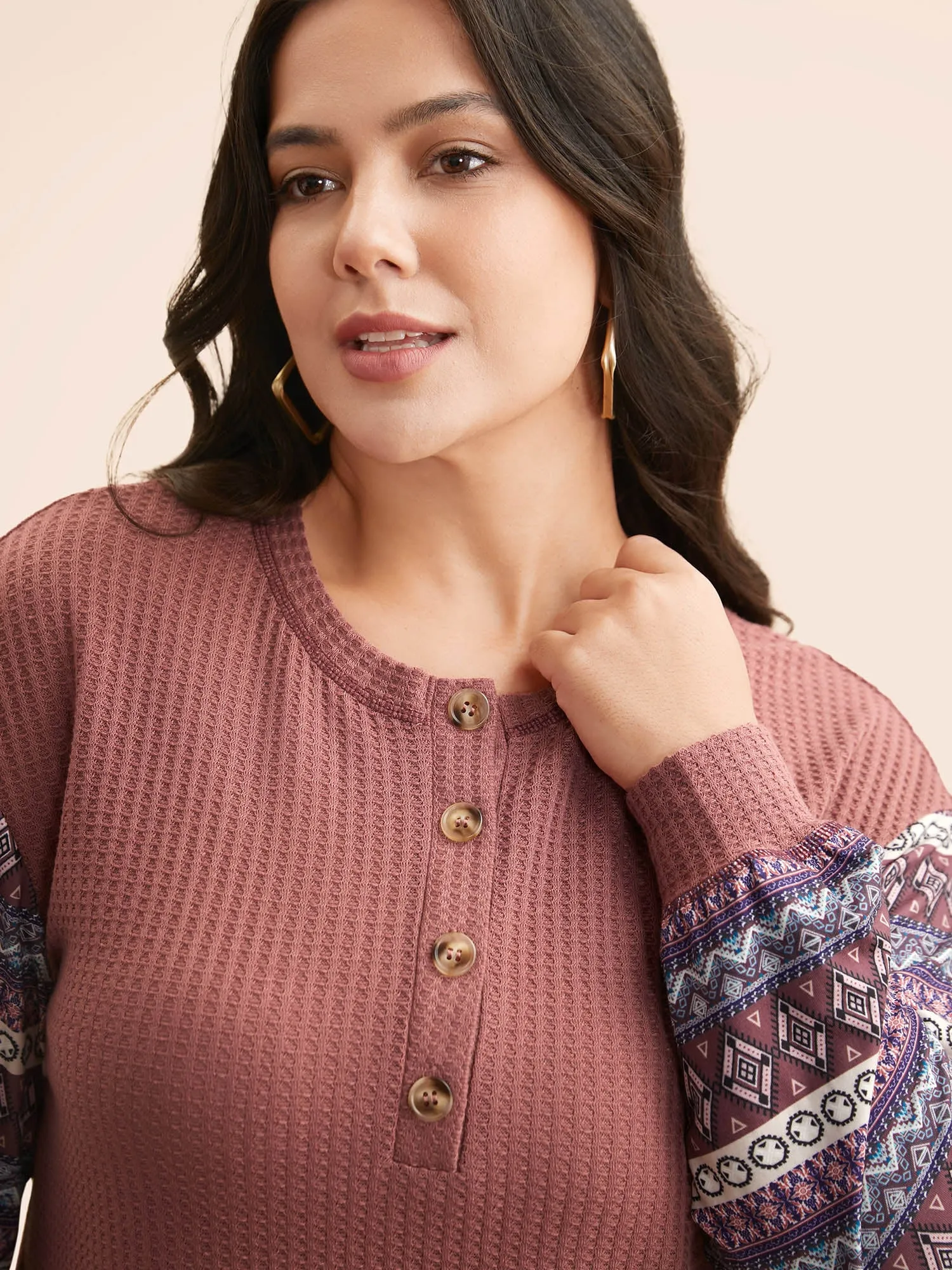 Boho Print Patchwork Waffle Knit T-shirt sold by Bloomchic product image thumbnail 5